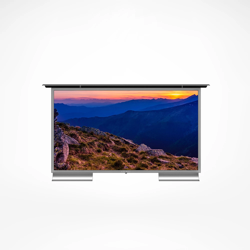 Front view of 40-inch Cosmos Outdoor TV in brushed stainless steel, 4K Ultra HD for Calgary.
