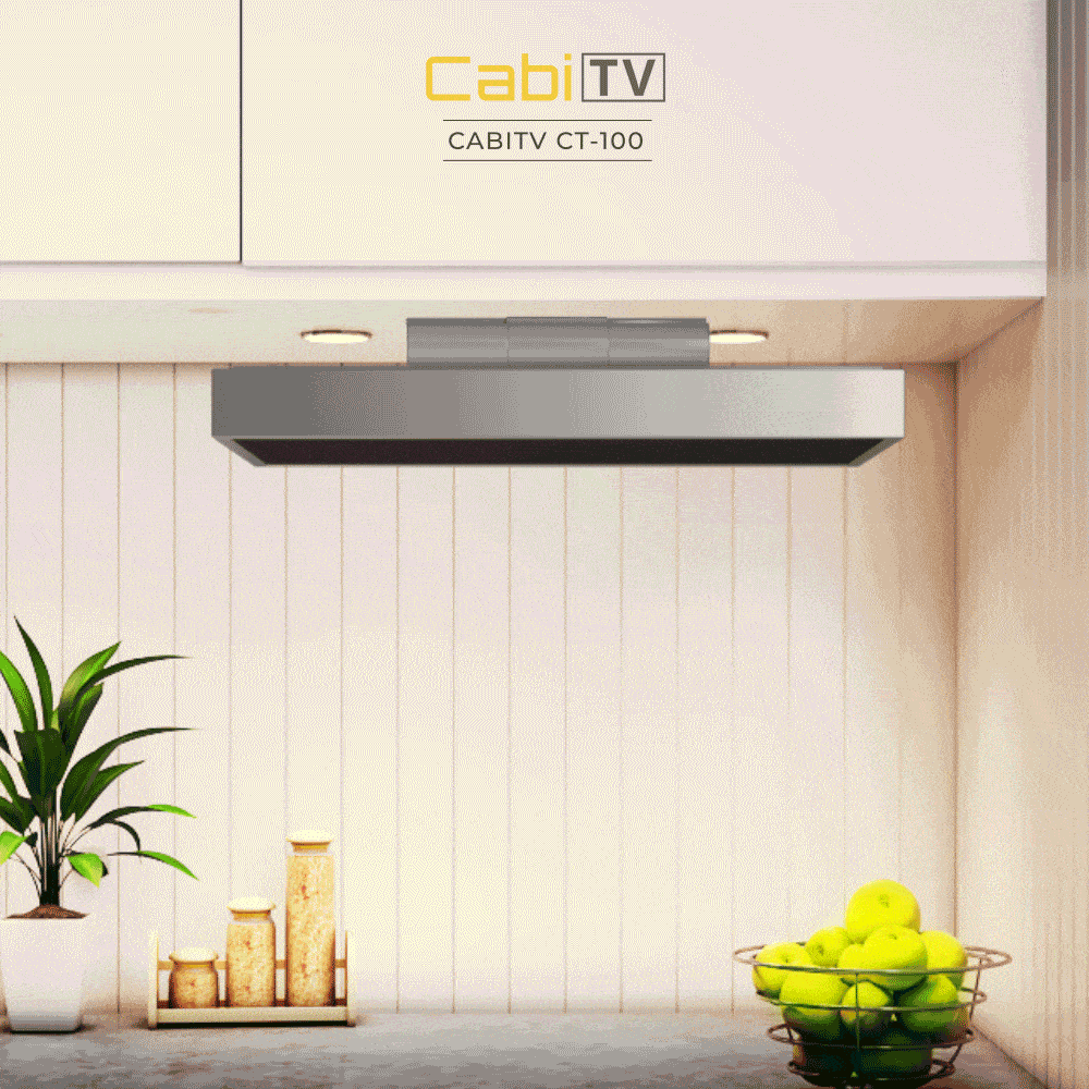CabiTV CT-100 touchscreen smart Kitchen TV featured in a stylish modern kitchen in Québec City.