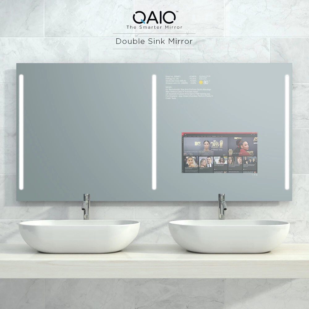 Double sink Smart Mirror TV with three LED strips, perfect for contemporary bathrooms in Kitchener.