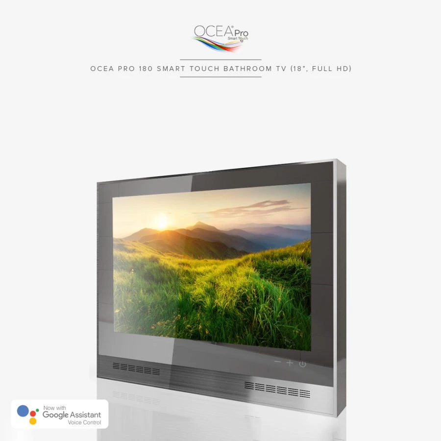 Sleek 18-inch Ocea Pro 180 Smart Touch Bathroom TV with full HD display, showcased in Québec City.