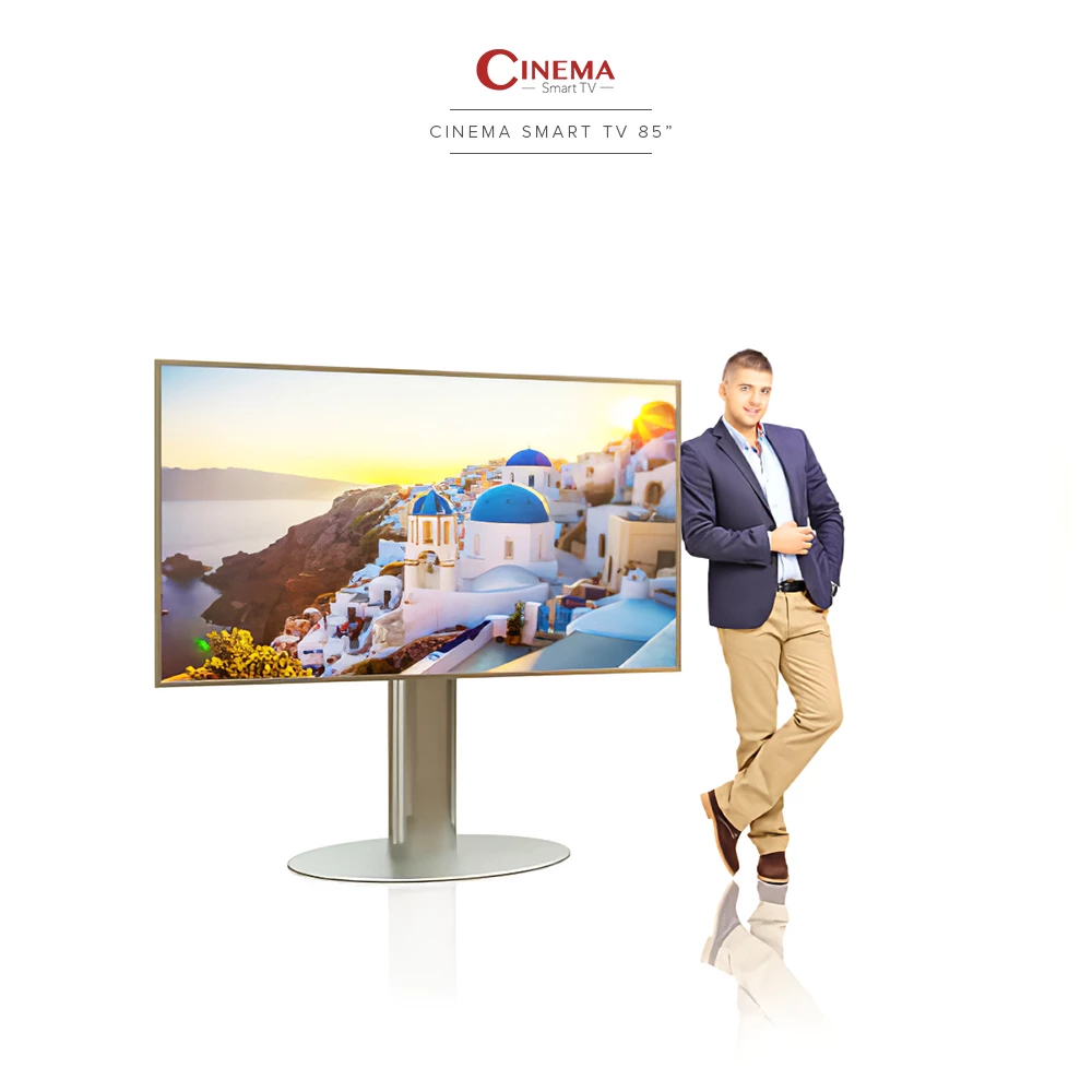 An 85-inch Cinema Smart TV on a sleek oval stand, exemplifying modern aesthetics in Toronto.