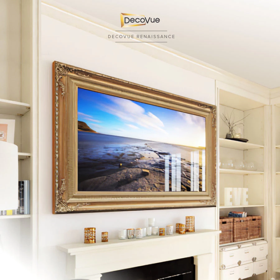 Sophisticated living room by DecoVue Renaissance in Winnipeg, featuring a stunning framed mirror TV.